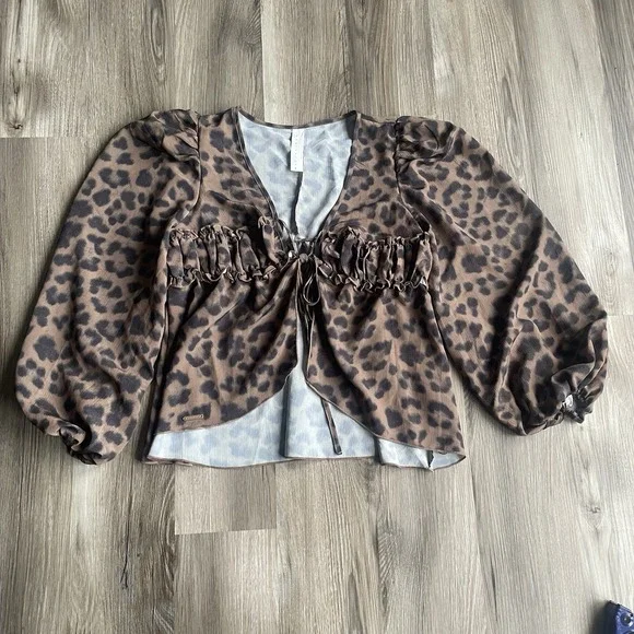 Missguided Long Sleeve flounce tie‎ front Babydoll Top cheetah print Blouse S - Picture 2 of 5